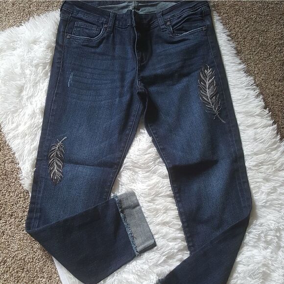 Kut from the Kloth Amy Ankle Feather Embroidered Dark Wash Crop Cuff Jeans Sz 4 - Picture 1 of 11
